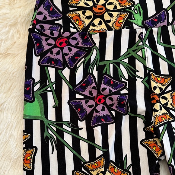 LuLaRoe Black and White Striped Leggings with Nightmare Before Christmas Design - Picture 3 of 4